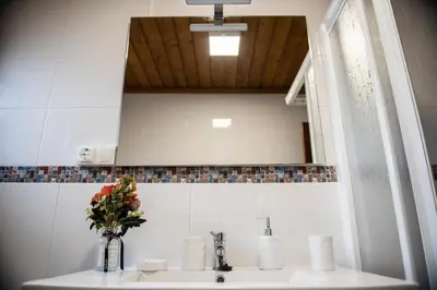 a bathroom with a sink and a vase of flowers at El balcón de la Penela in Belesar