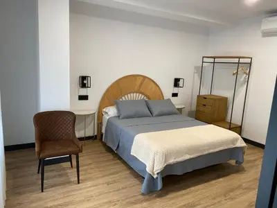 a bedroom with a bed and a chair and a desk at Pensión Casa Cancela in Palas de Rei
