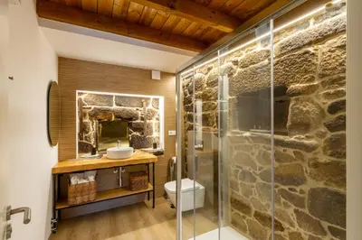 a bathroom with a stone wall and a shower at Alojamiento Turístico Caxide Parada de Sil Ribeira Sacra in Parada del Sil
