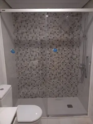 a bathroom with a glass shower with a toilet at Acogedor piso con vistas en Sada in Sada