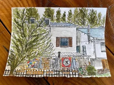 a drawing of a house with a tree at Vagabond Vieiras Beds & Communal Dinner Included Albergue LE-210 in La Portela de Valcarce