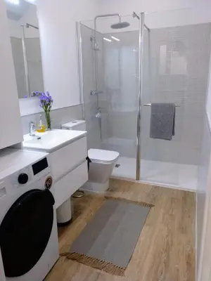 a bathroom with a shower and a toilet and a sink at Casa Rocha Velha con terraza y piscina particular in Santiago de Compostela