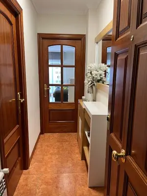 a bathroom with a sink and a wooden door at Apartamento Marichu in Melide