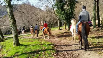 a group of people riding horses down a path at Glamping Aventura Atalaia in Cotobade
