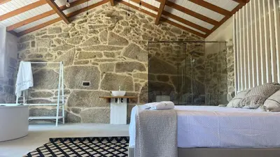 a bedroom with a glass shower in a stone wall at Apartamentos Villa Maceira in Covelo