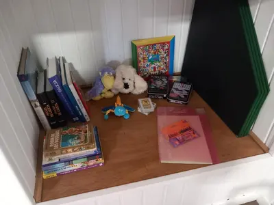 a shelf with books and a teddy bear and other books at Casa da Eiriña in Amés