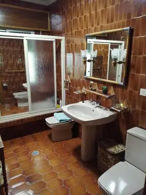 a bathroom with a sink and a shower and a toilet at A CASA DOS AVÓS in Celanova