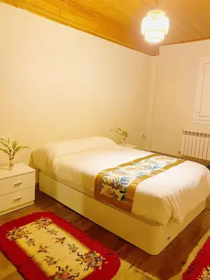 a bedroom with a bed and a table and a rug at Casa de Ribeira Sacra in Pantón