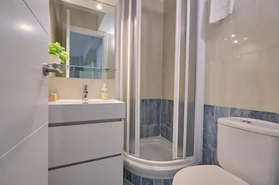 a bathroom with a shower and a toilet and a sink at La Casa de Julia Apartamento nuevo y céntrico in Santiago de Compostela