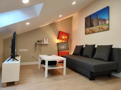 a living room with a couch and a tv at Catedral y Muralla a 50 metros - VUT-LU-02907 in Lugo