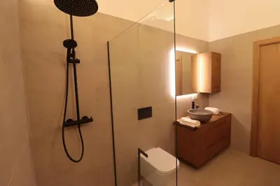 a bathroom with a shower with a toilet and a sink at Casa Fente in Taboada