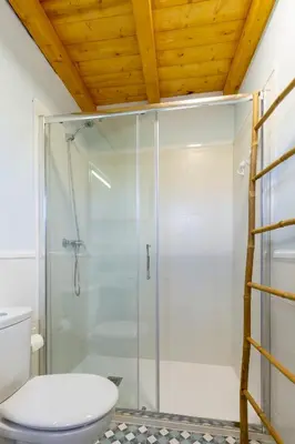 a bathroom with a glass shower with a toilet at Casa Añolo in Sober