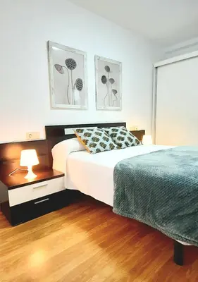 a bedroom with a bed and a lamp on a wooden floor at Apartamento Obao in Ribadeo