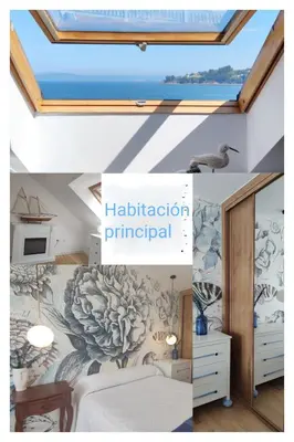 a collage of photos of a bedroom with a bed at Suite Playa in Miño