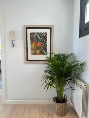 a plant in a basket in a room with a painting at DÚPLEX DE LUJO EN FOZ CON VISTAS al MAR in Foz