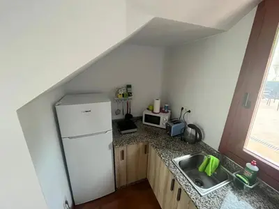 a kitchen with a white refrigerator and a sink at Albergue Miraiso in Arzúa