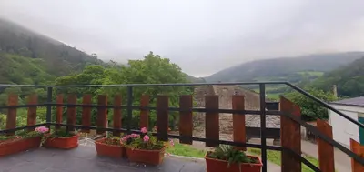 a balcony with potted plants and a view of a mountain at ALOJAMIENTOS EL CASTRO in Taramundi