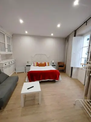 a bedroom with a bed with a red blanket at TraviesaBetanzos in Betanzos