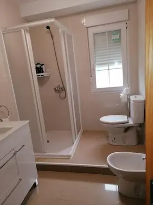 a white bathroom with a shower and a toilet at Lar de Yago - Apto Ribadeo in Ribadeo