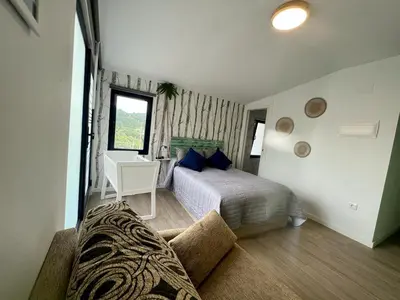 a bedroom with a bed and a couch in a room at O Recuncho de Tibias in Pereiro de Aguiar