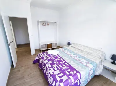 a bedroom with a bed with a purple and white comforter at Mariña Home in Ourense