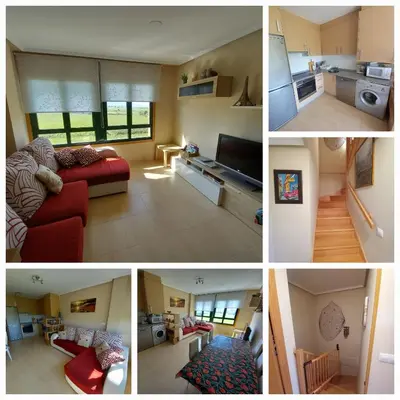 a collage of four pictures of a living room at FOZ in Foz