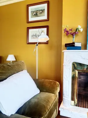 a living room with a couch and a fireplace at Sobre la Ría 2 in Viveiro