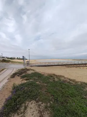 a beach with a pier and the ocean at Apartamento Tamarisco in Foz
