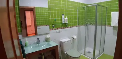 a green tiled bathroom with a toilet and a shower at Entre Las Catedrales Campo y Mar 1 y 2 in Lourenzá
