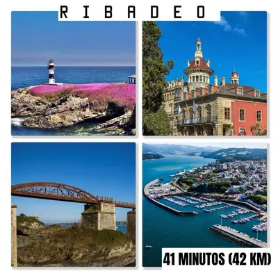 four different pictures of a harbor with a lighthouse and a bridge at Vagalume in Cervo