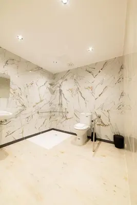 a marble bathroom with a toilet and a sink at ESTRELA DO CAMIÑO in Palas de Rei