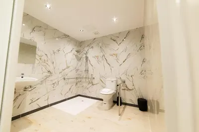 a bathroom with marble walls and a toilet and a sink at ESTRELA DO CAMIÑO in Palas de Rei