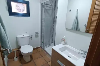 a bathroom with a toilet and a shower and a sink at Casa do Cervo - San Cibrao in San Ciprián