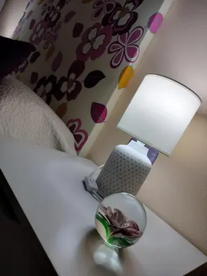 a bedside table with a lamp and a bowl of flowers on it at Piso Pauser in Puentecesures