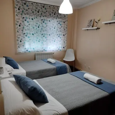 a room with two beds and a painting on the wall at Piso Pauser in Puentecesures