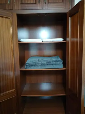 a closet with wooden shelves with a green pillow in it at Piso Pauser in Puentecesures