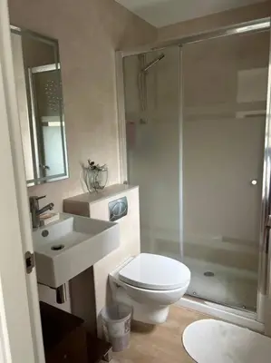 a bathroom with a toilet and a sink and a shower at Excepcional chalet en Perbes. in Miño