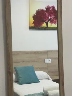 a mirror with a picture of a tree in a bedroom at Pension O Camiño Milladoiro in Amés
