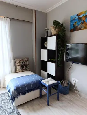 a bedroom with a bed and a tv and a shelf at Marusia in Viveiro