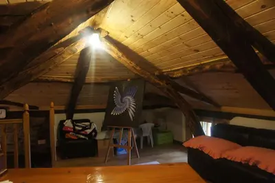 a living room with a wooden ceiling with an eagle on it at Casa Rural de montaña en LUARCA ASTURIAS in Busindre