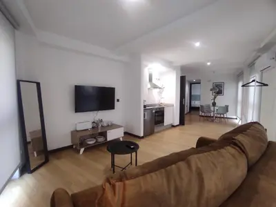 a living room with a couch and a television at 2. Luminoso y único en la mejor zona gastronómica in Ourense
