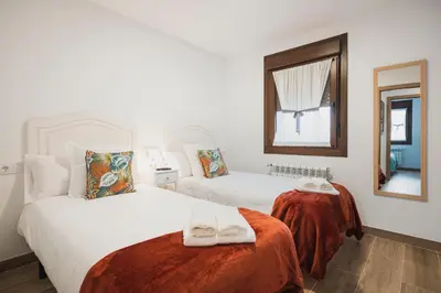 a bedroom with two beds and a mirror at Apartamentos Luis in Arzúa