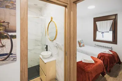a bathroom with a shower and a bed and a mirror at Apartamentos Luis in Arzúa