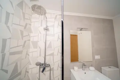 a bathroom with a shower and a toilet and a sink at Antoxos Sacra Home II in Chantada