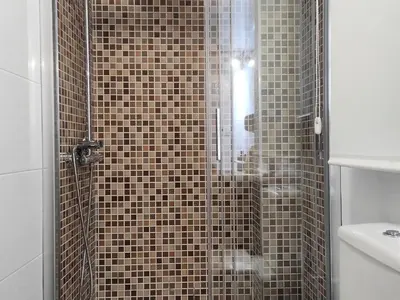 a bathroom with a shower with brown tile at 1A. Disfruta de su balcón sobre el casco viejo. in Ourense