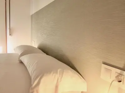 a bed with white pillows on a wall at 1E.Tranquilo y soleado en la Plaza de las Mercedes in Ourense