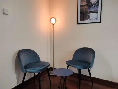 two blue chairs sitting next to a floor lamp at 2A. Dos dormitorios y balcones en el casco viejo. in Ourense