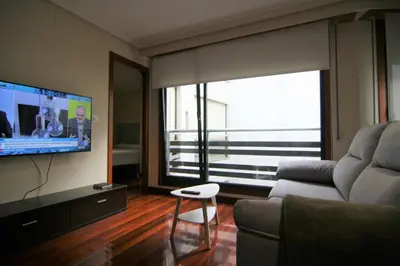 a living room with a couch and a flat screen tv at 3B.Descansa y disfruta en el corazón de las Burgas in Ourense