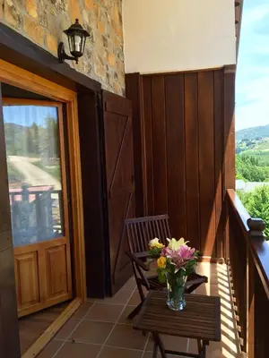 a vase of flowers sitting on a table on a balcony at Hotel Rural Casa Ana in Vega de Espinareda