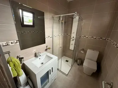 a bathroom with a sink and a shower and a toilet at casa carmiña in Ourense